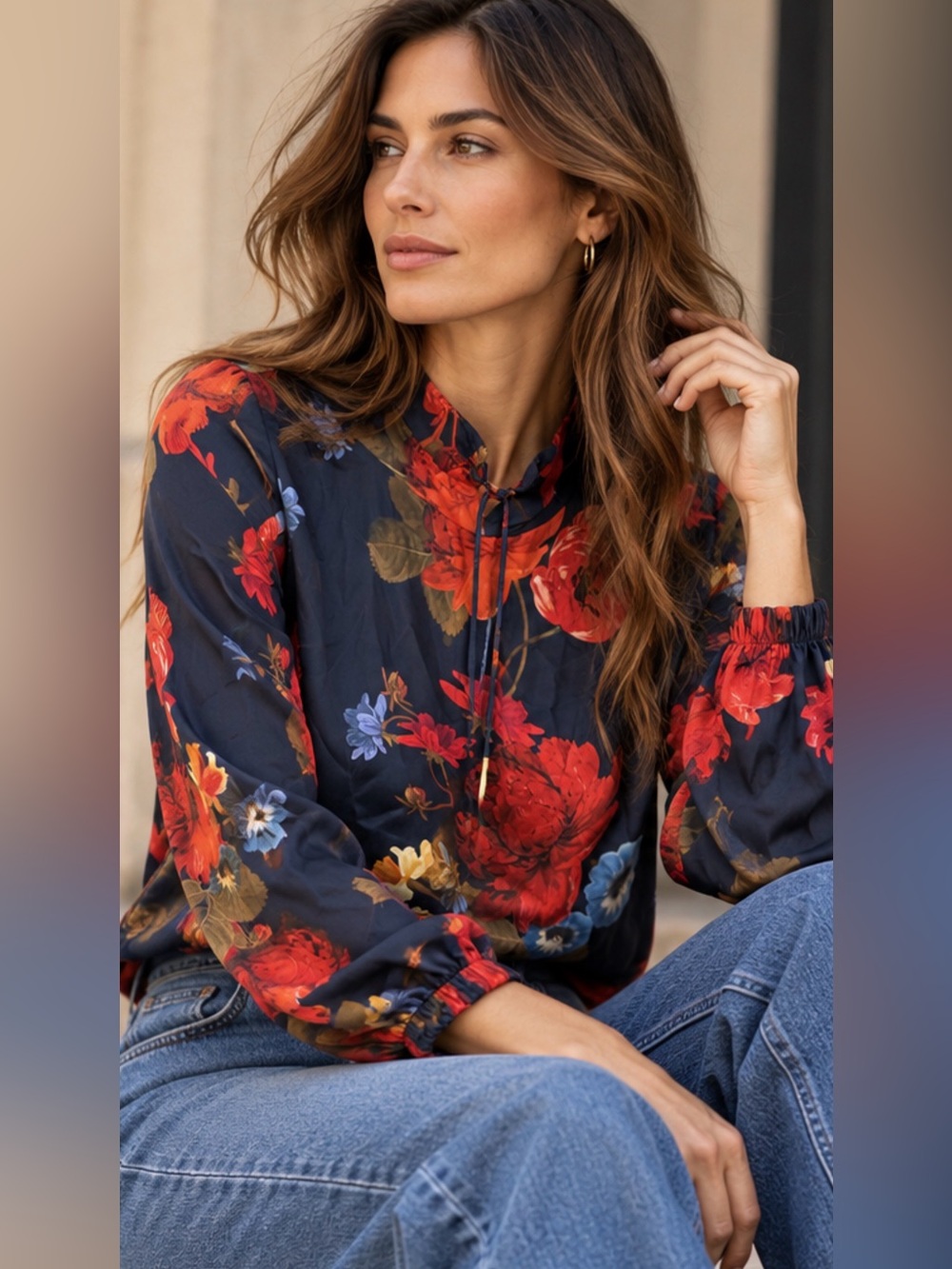 Mother of Pearl London Floral Hooded Blouse Navy Red UK 12 US 8